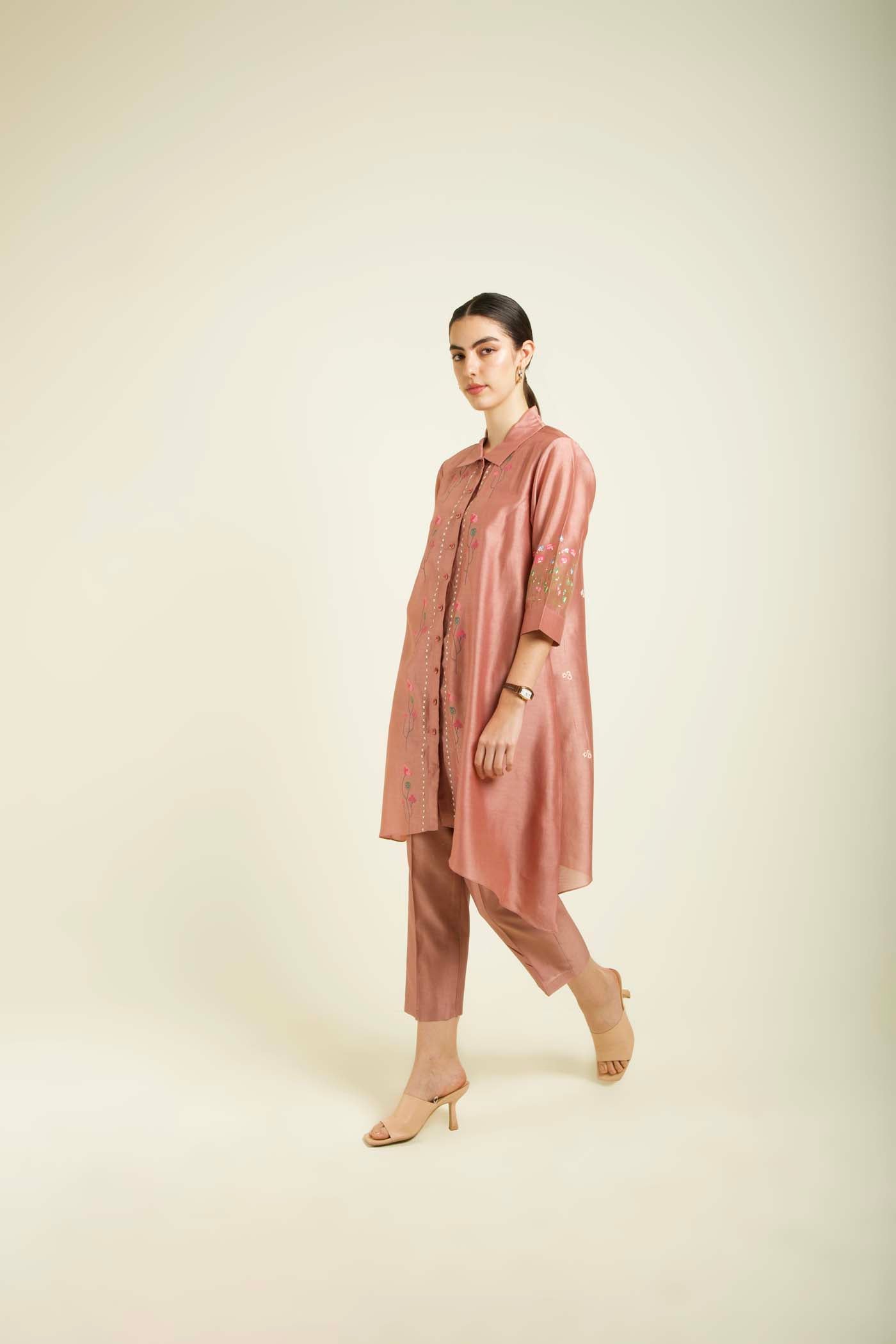 Almond Shirt With Embroidery And Straight Pants
