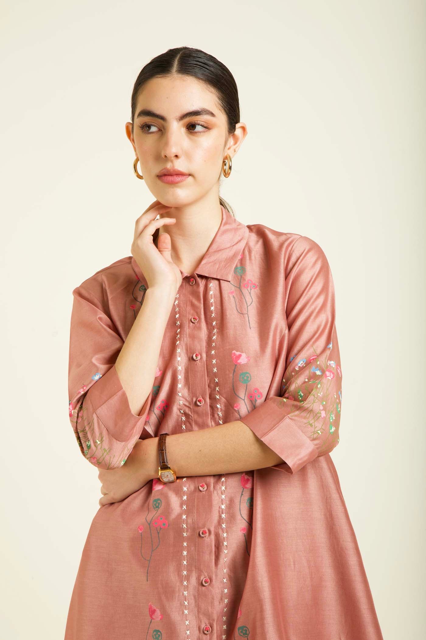 Almond Shirt With Embroidery And Straight Pants