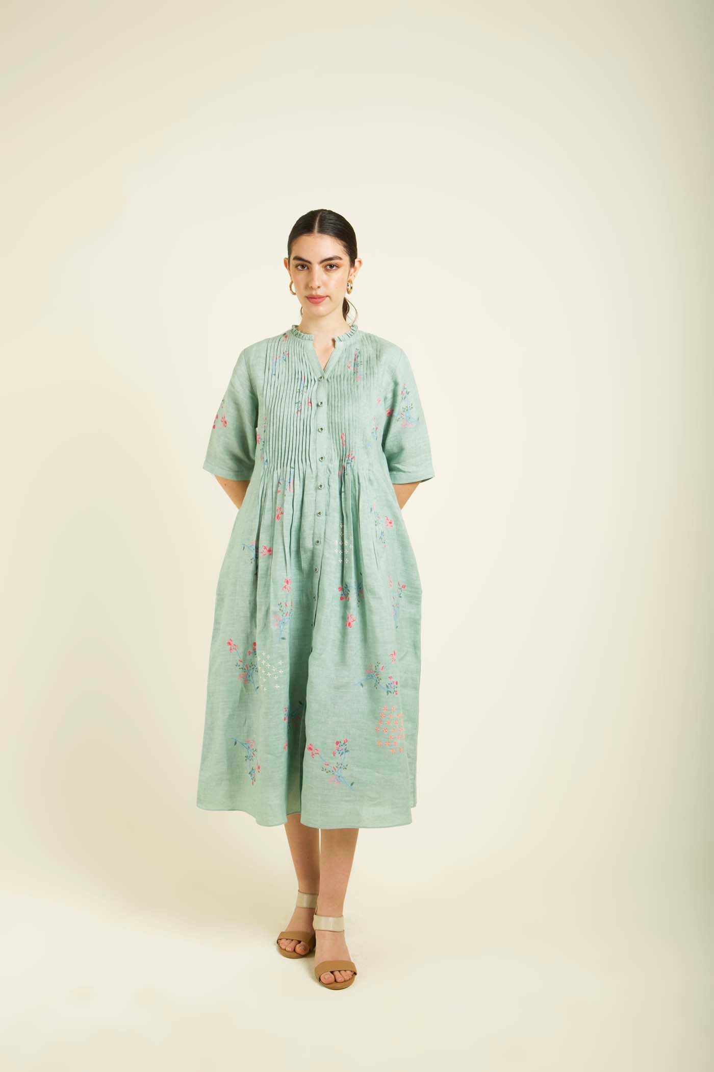 Mint Front Printed Dress With Embroidery Details