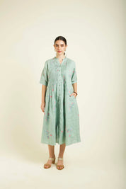 Mint Front Printed Dress With Embroidery Details