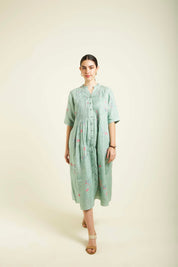Mint Front Printed Dress With Embroidery Details
