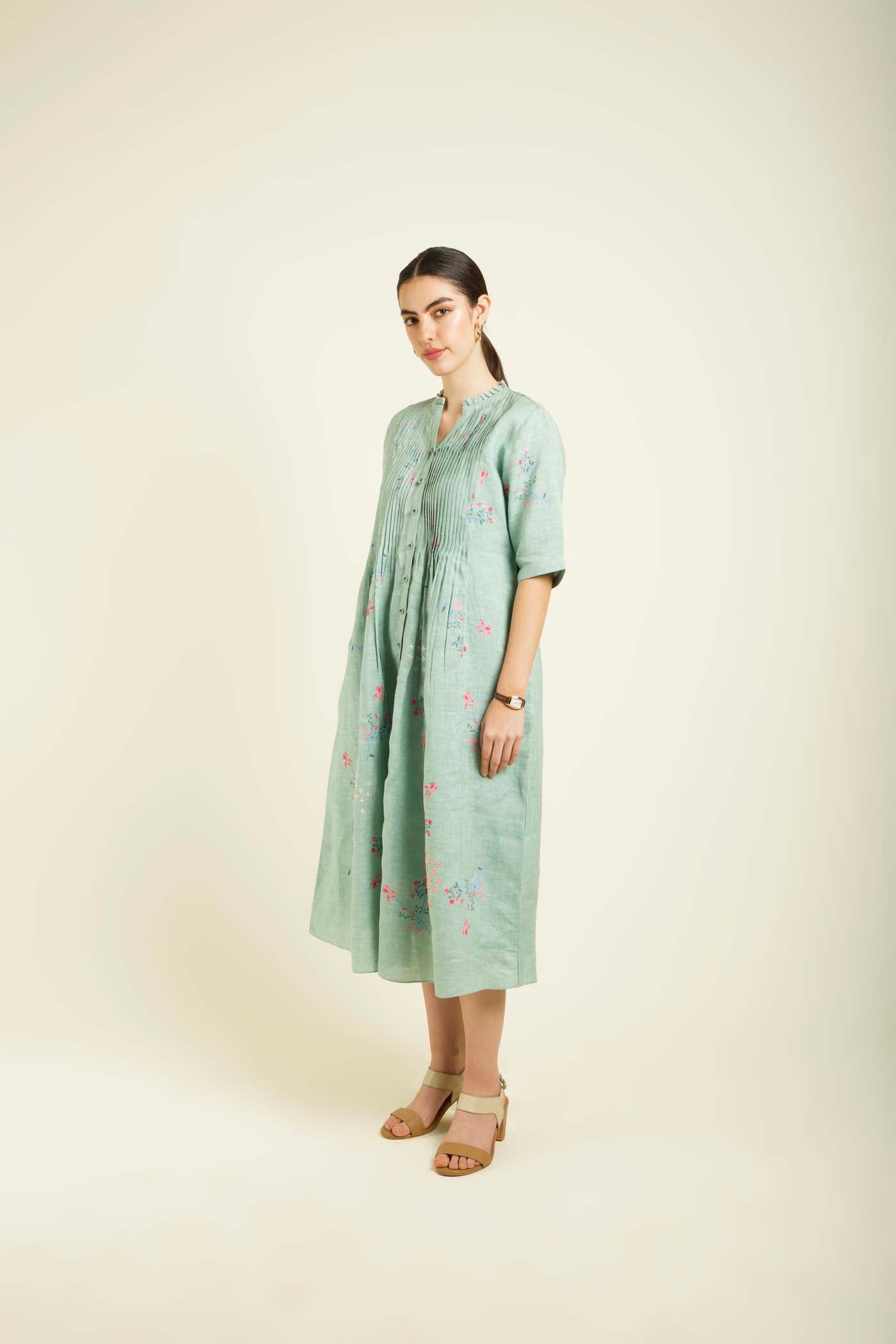 Mint Front Printed Dress With Embroidery Details