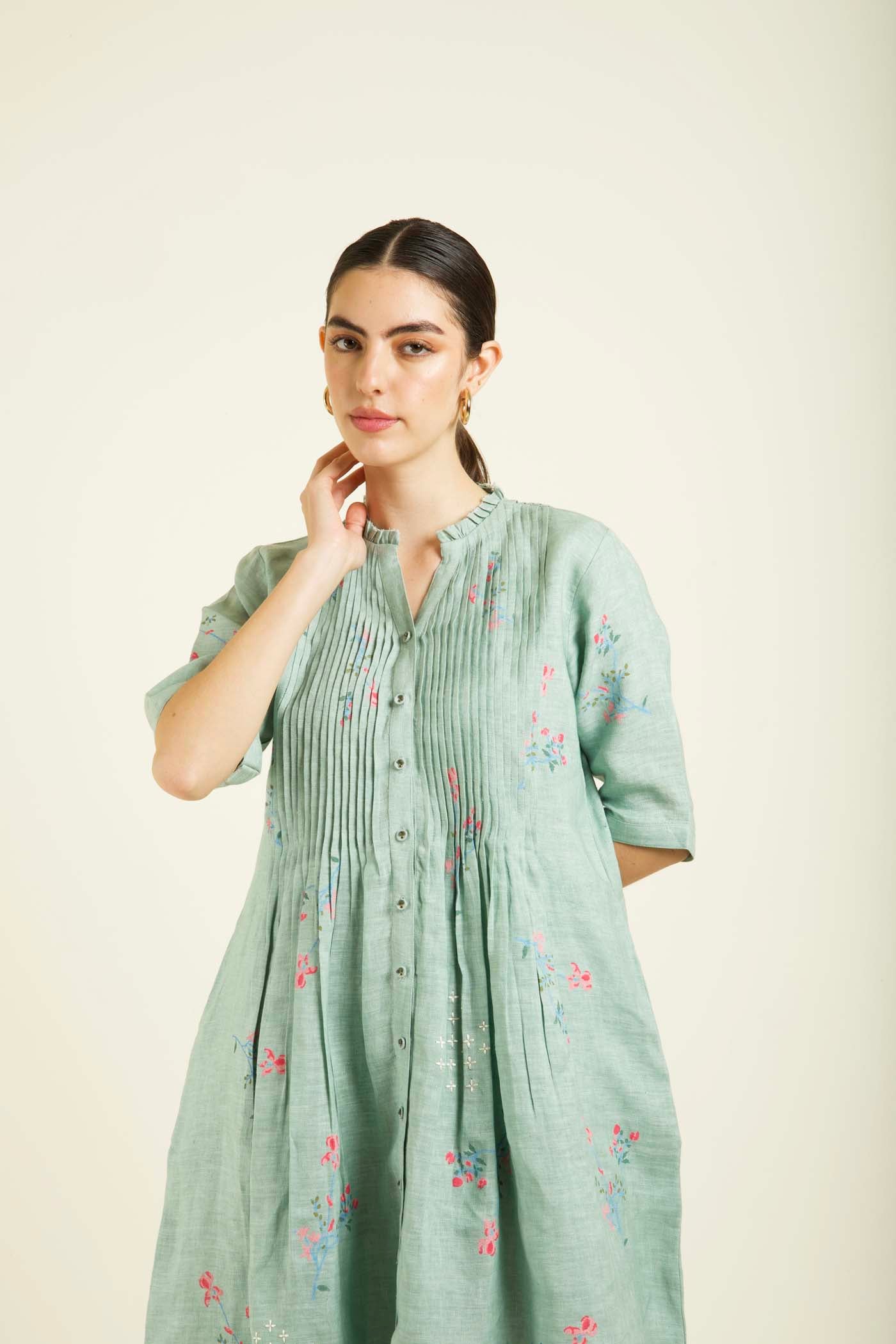 Mint Front Printed Dress With Embroidery Details