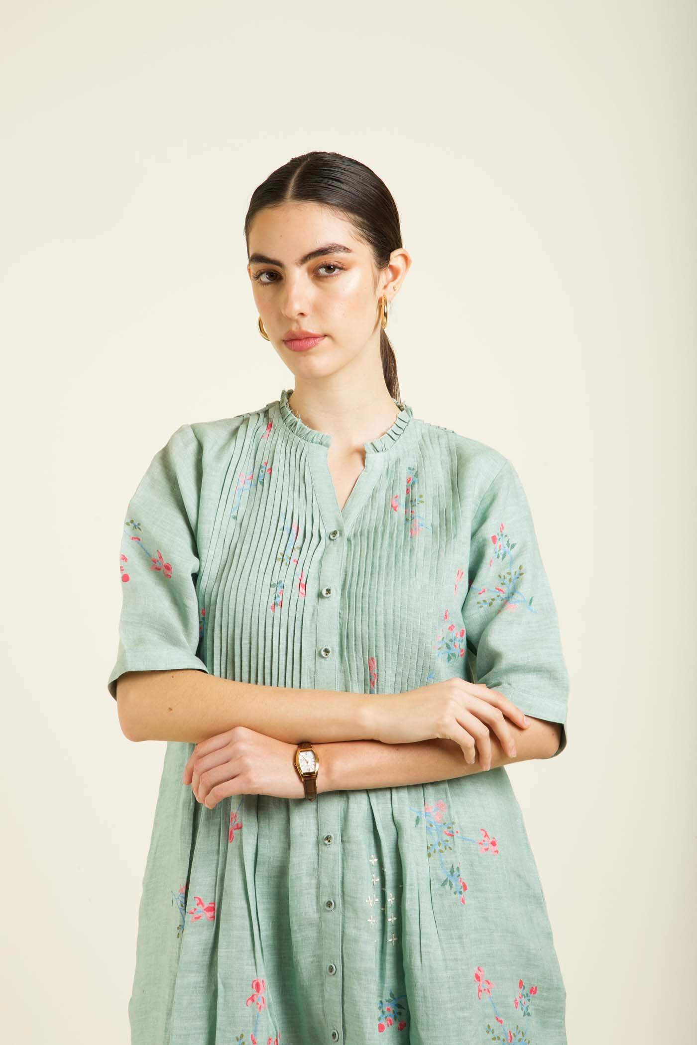 Mint Front Printed Dress With Embroidery Details