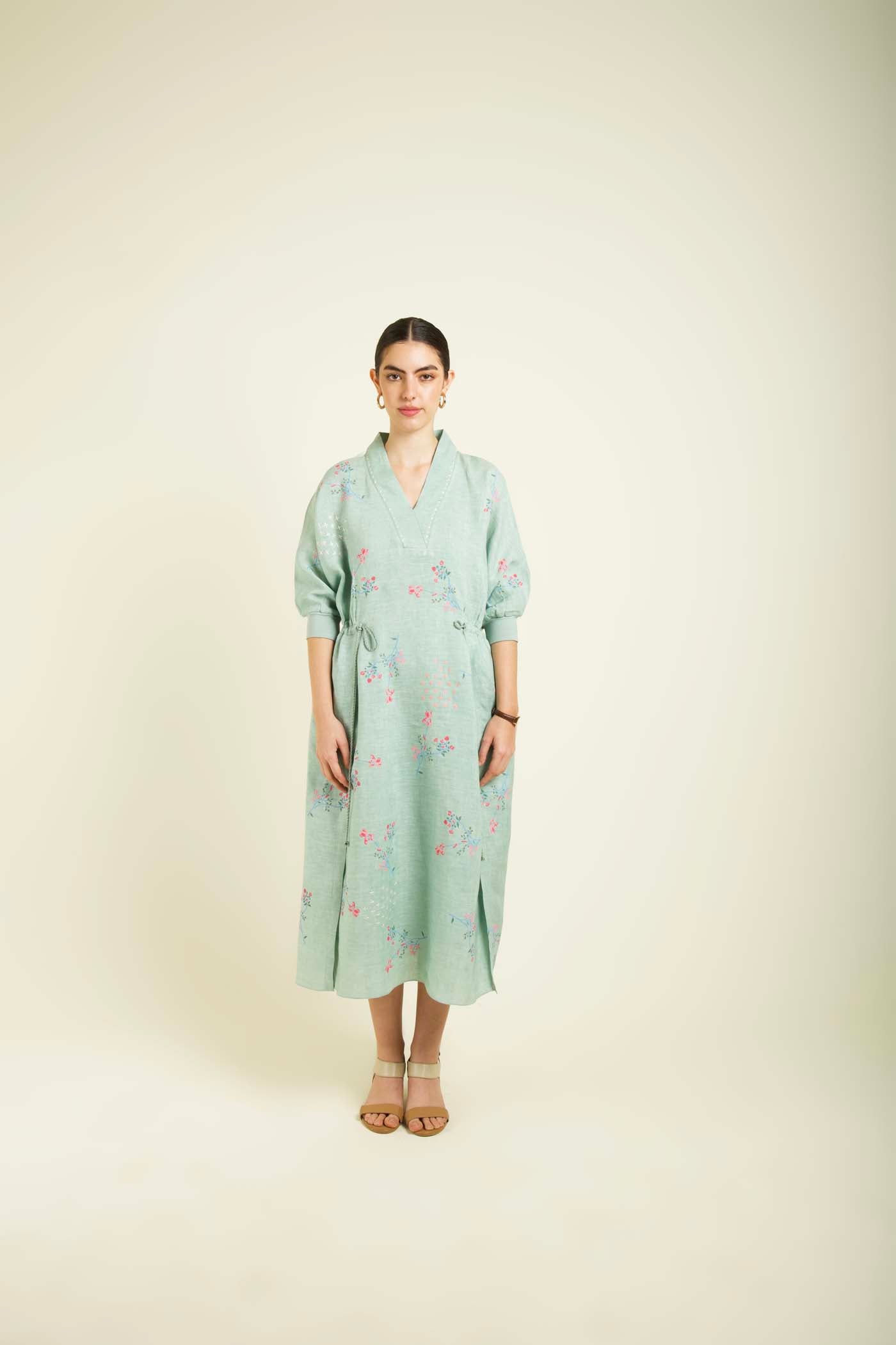 Mint Printed Slip Dress With Embroidery Details