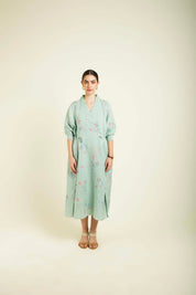 Mint Printed Slip Dress With Embroidery Details