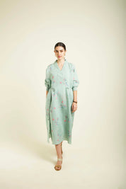 Mint Printed Slip Dress With Embroidery Details