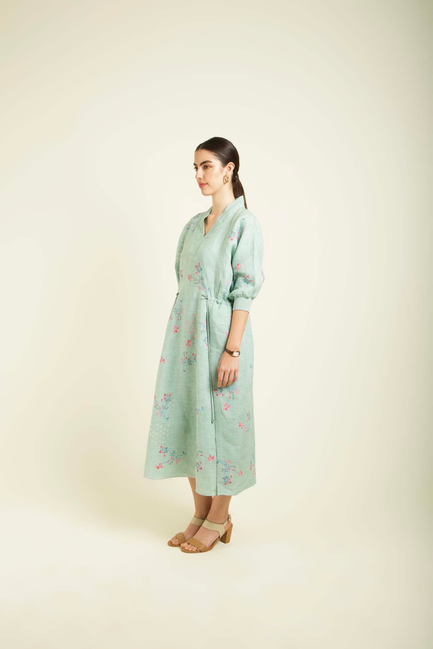 Mint Printed Slip Dress With Embroidery Details