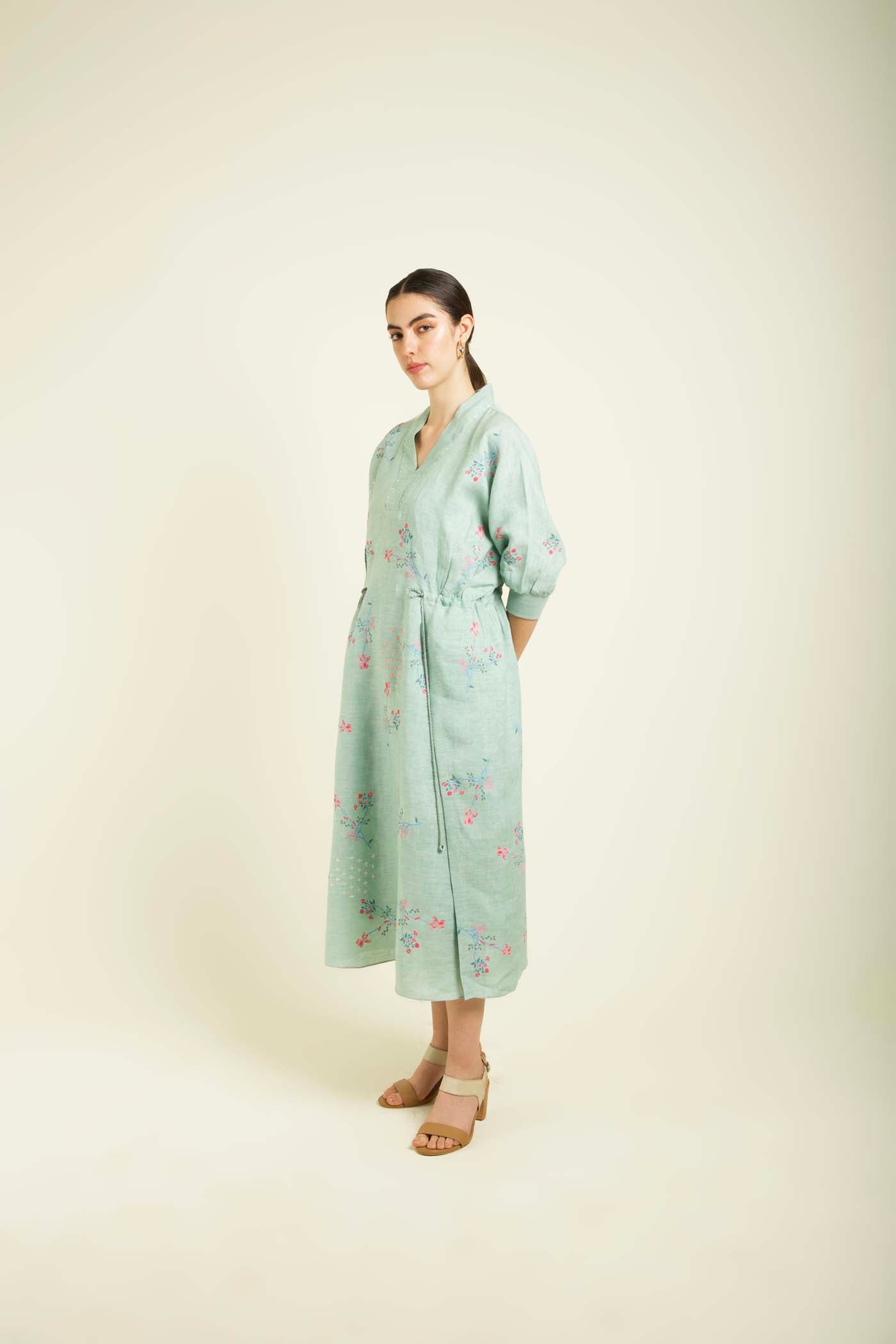 Mint Printed Slip Dress With Embroidery Details