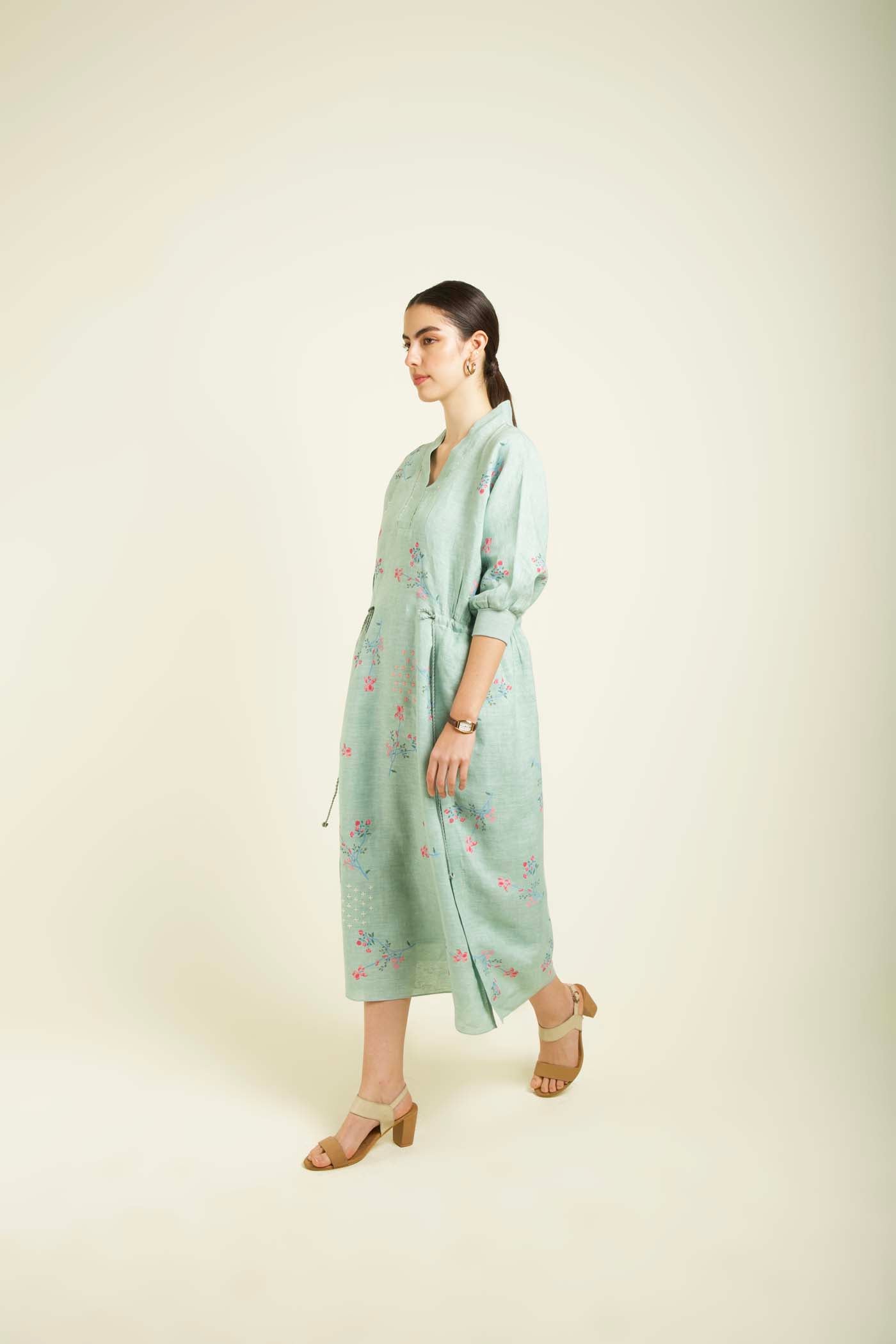 Mint Printed Slip Dress With Embroidery Details