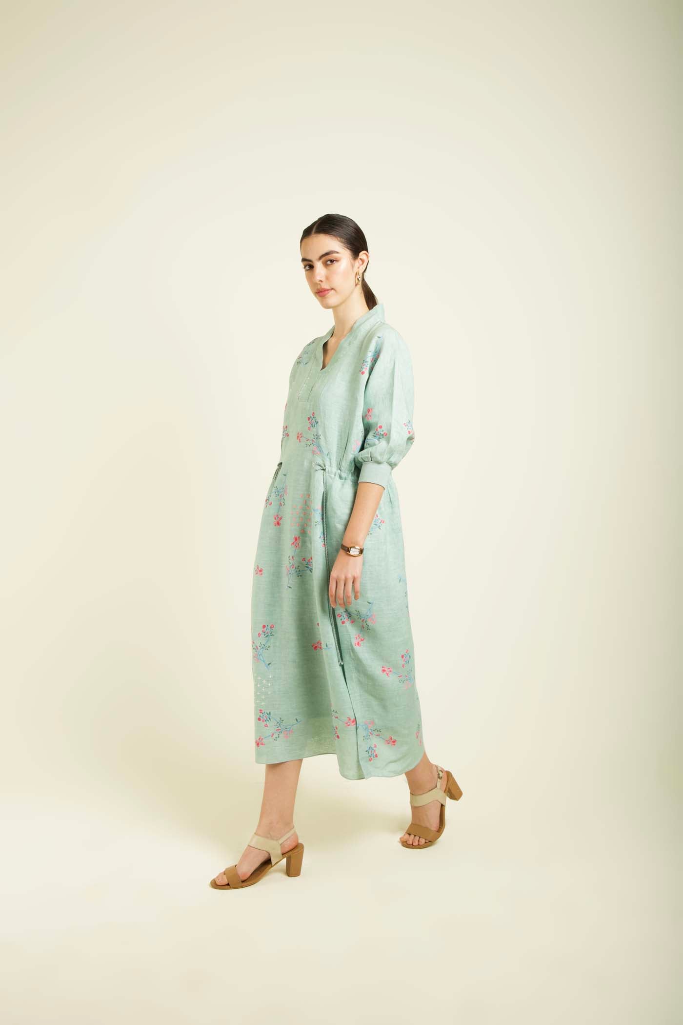 Mint Printed Slip Dress With Embroidery Details