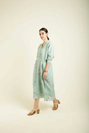 Mint Printed Slip Dress With Embroidery Details
