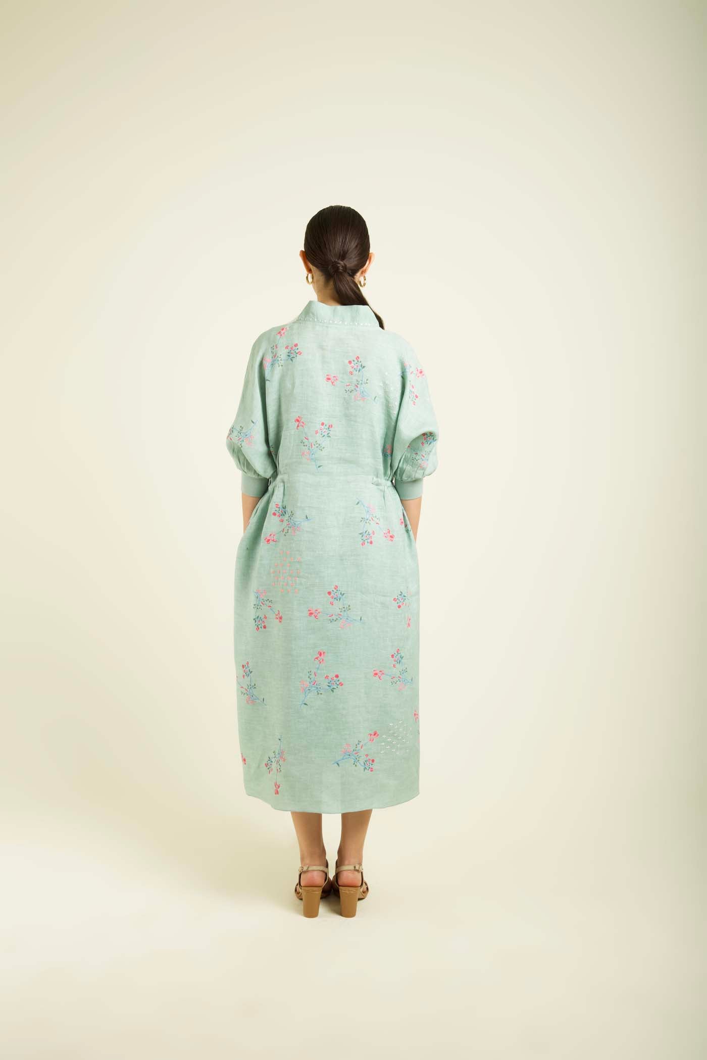 Mint Printed Slip Dress With Embroidery Details