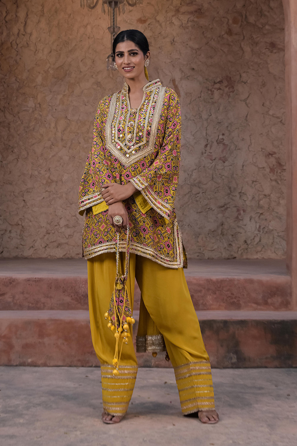 Mustard Yellow Crepe Kurti Set