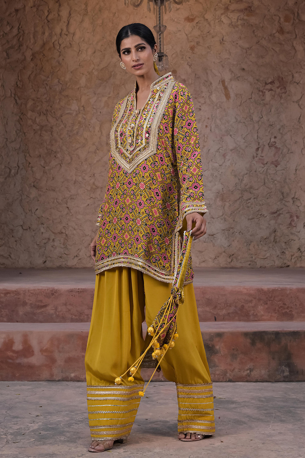Mustard Yellow Crepe Kurti Set
