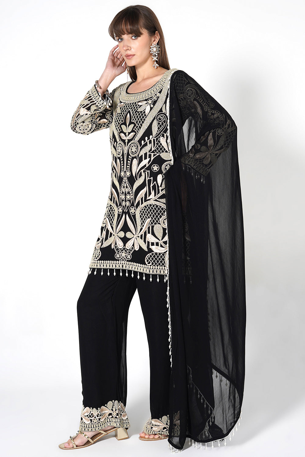 Ornate Floral Black Kurta Set