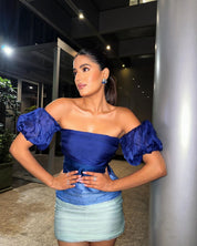 Sonal Kukreja in Our Blue Organza Off Shoulder Dress