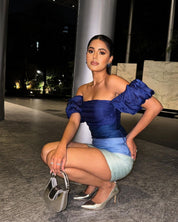 Sonal Kukreja in Our Blue Organza Off Shoulder Dress