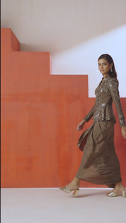 Olive Green Peplum Top With A Drape Skirt