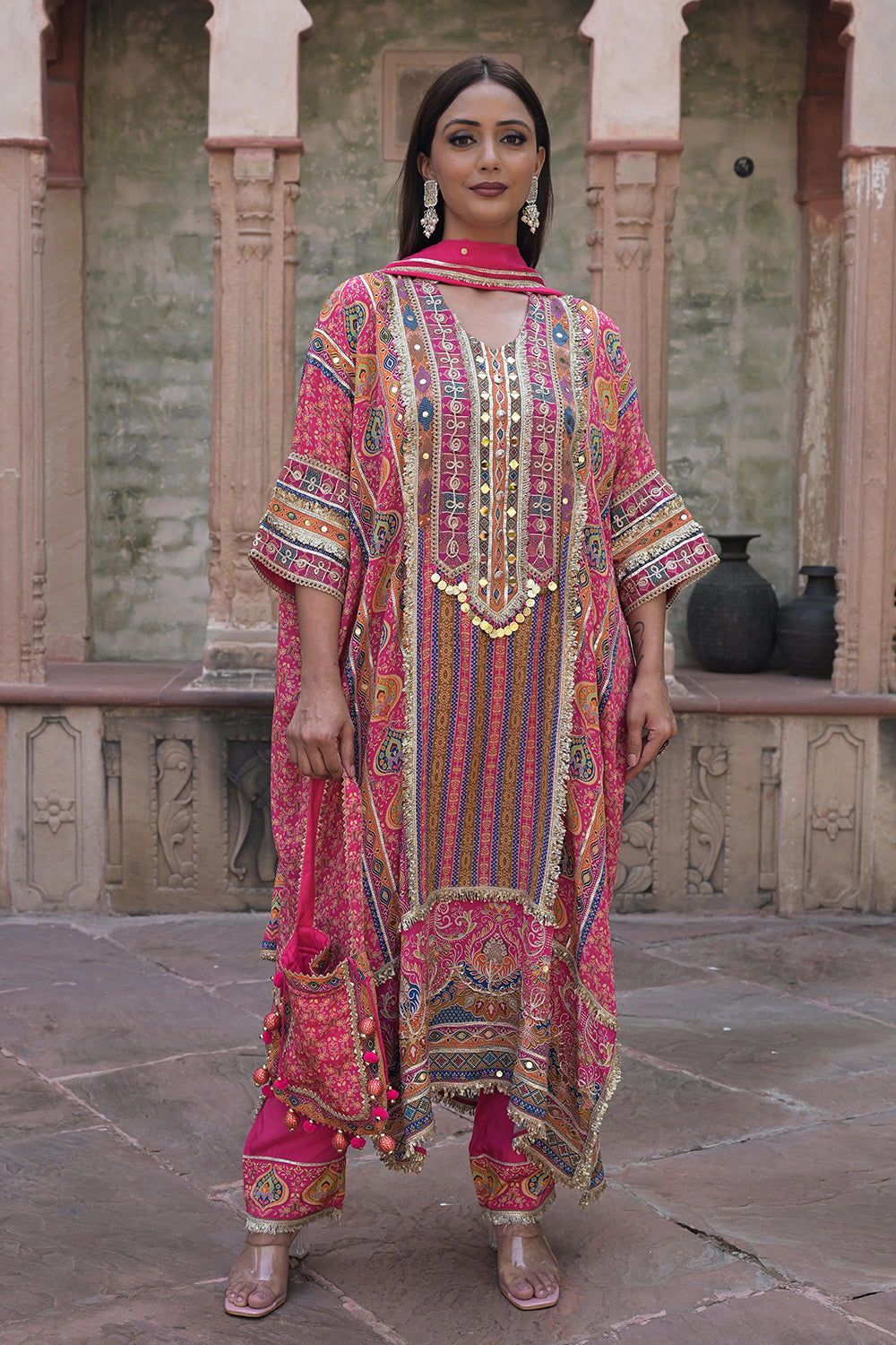 Rani Pink Crepe Kaftan Pant Set