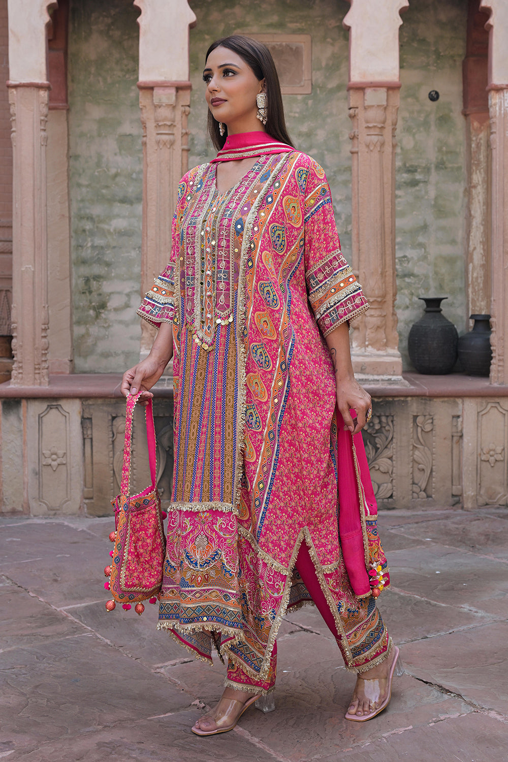 Rani Pink Crepe Kaftan Pant Set