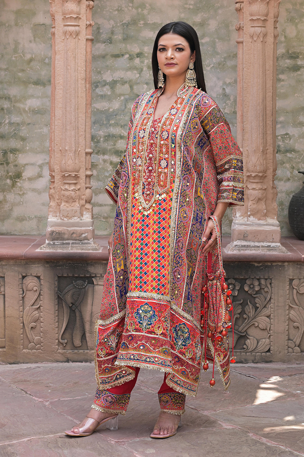 Red Crepe Kaftan Pant Set