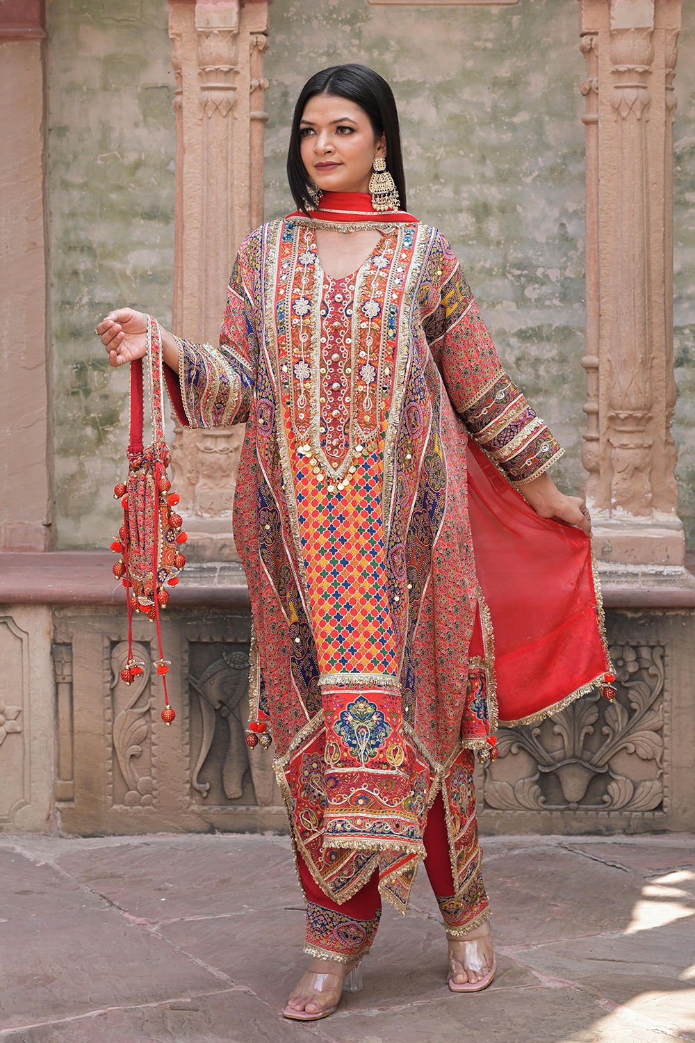 Red Crepe Kaftan Pant Set