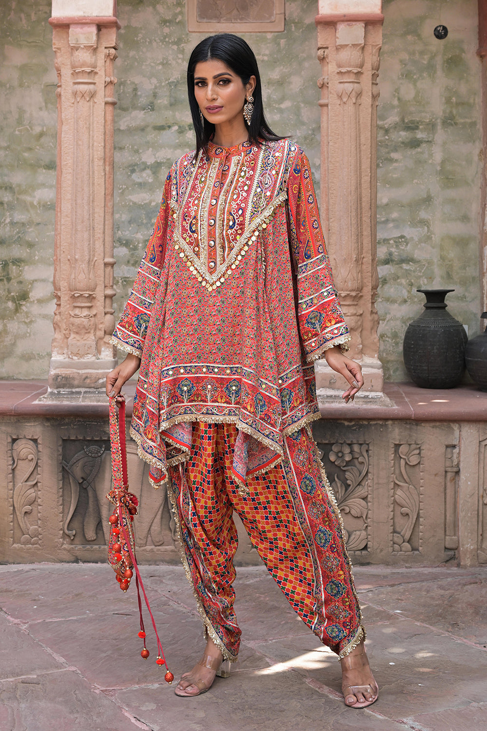 Red Suit Set With Tulip Pants