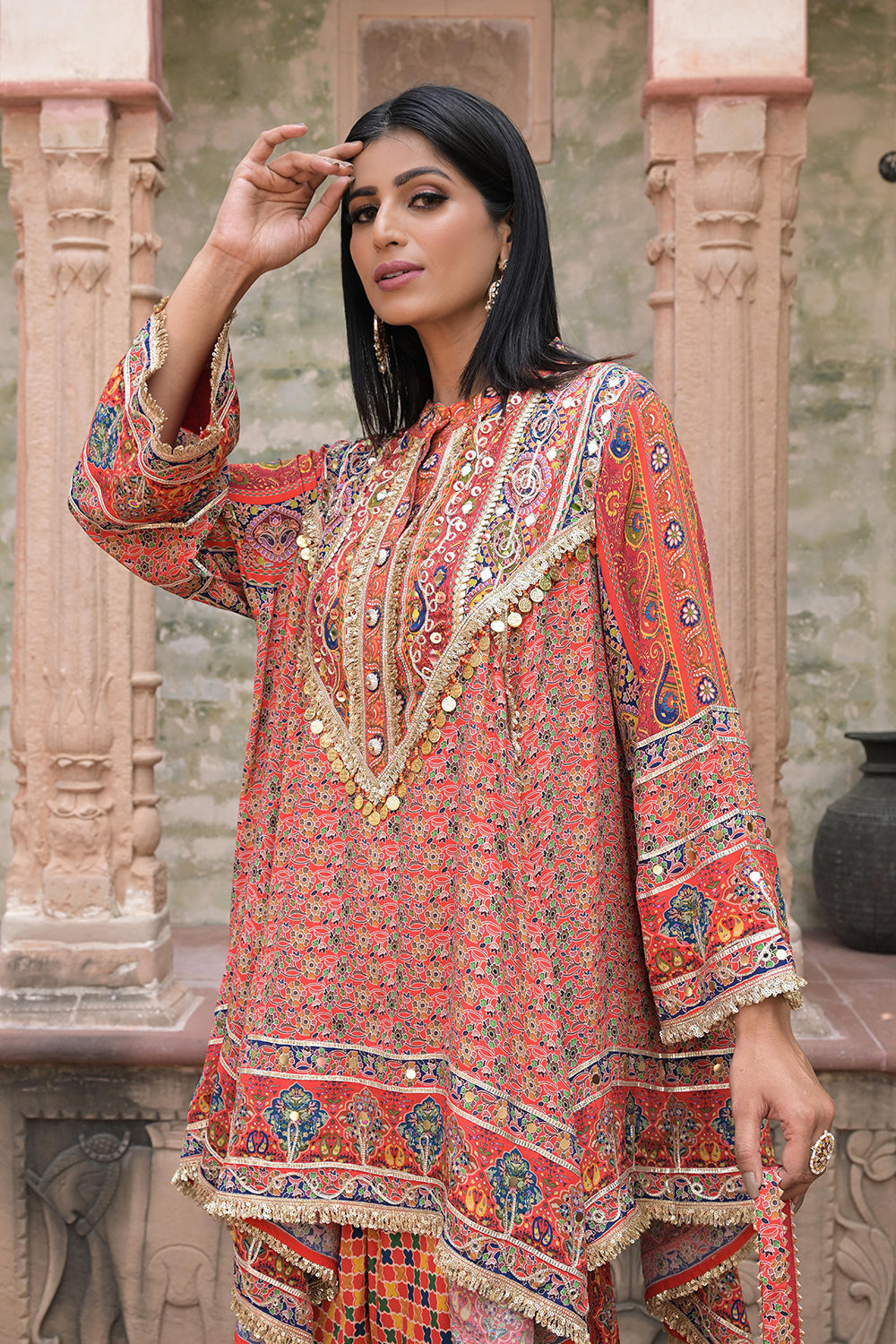 Red Suit Set With Tulip Pants
