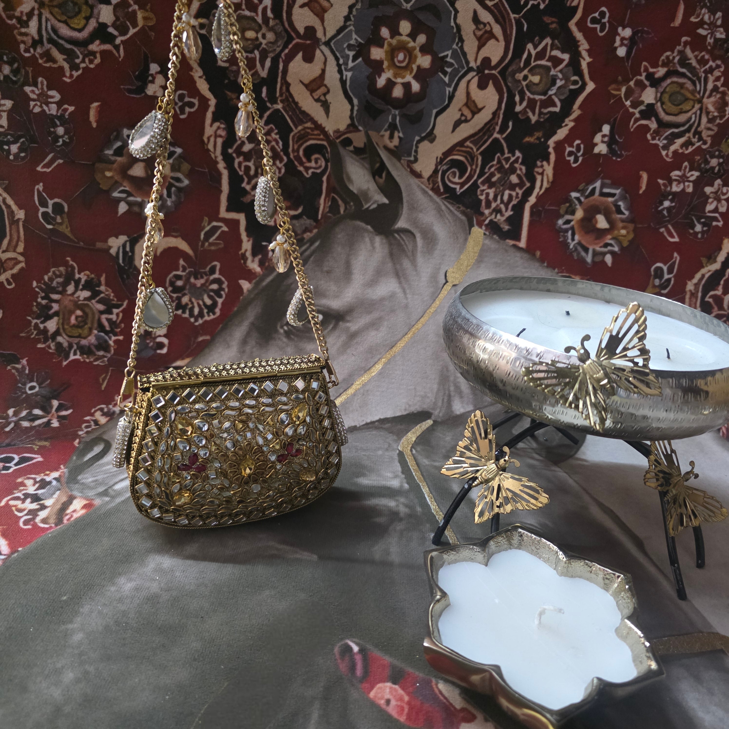 Mini Kundan Mosaic Bag Gold & Red