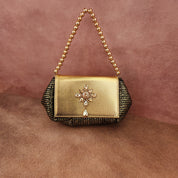 Batua Bag In Black & Gold With Crystal Hanging Broach