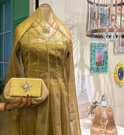 Batua Bag In Beige & Gold With Crystal Hanging Broach
