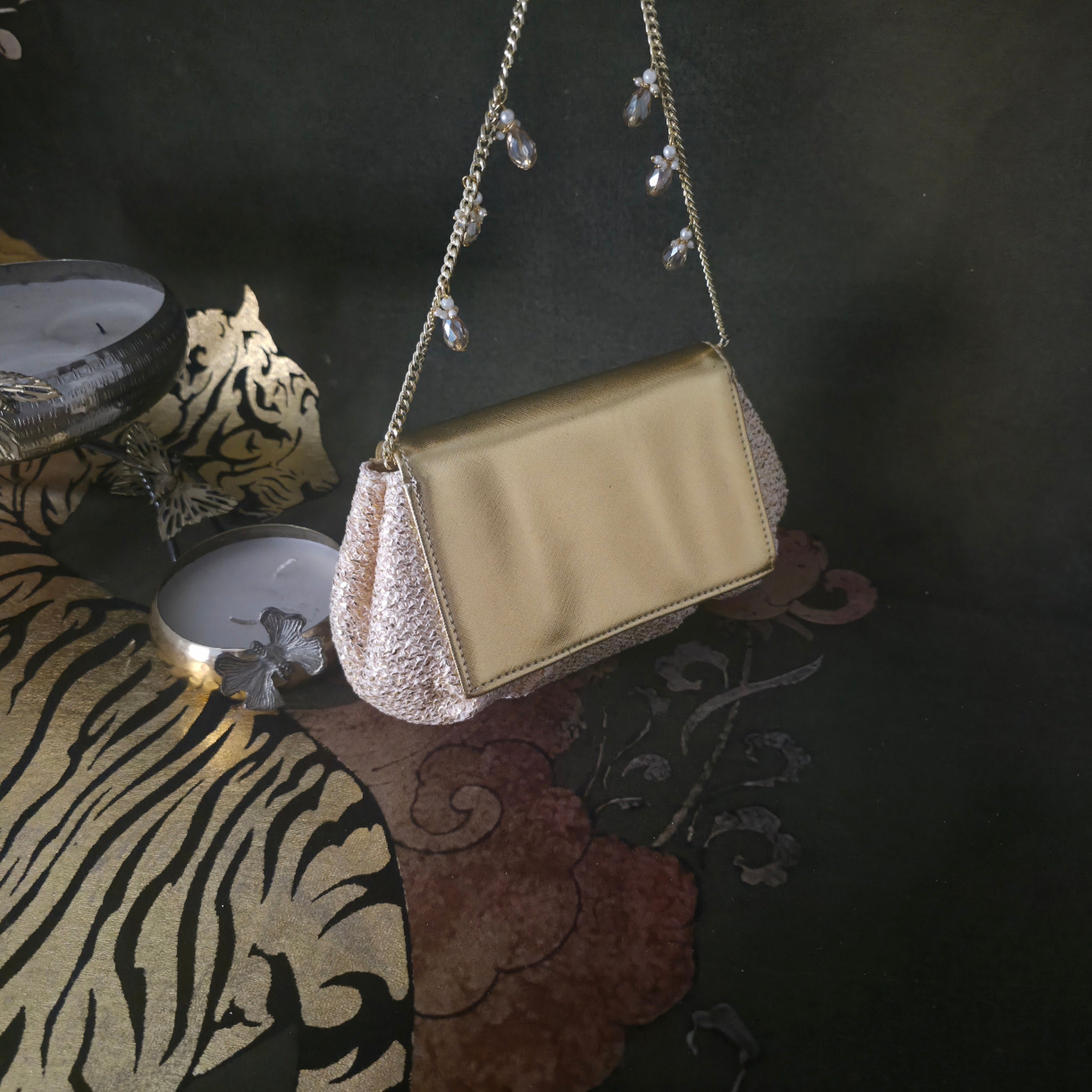 Batua Bag In Beige & Gold With Crystal Hanging Broach