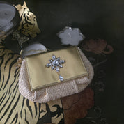 Batua Bag In Beige & Gold With Crystal Hanging Broach