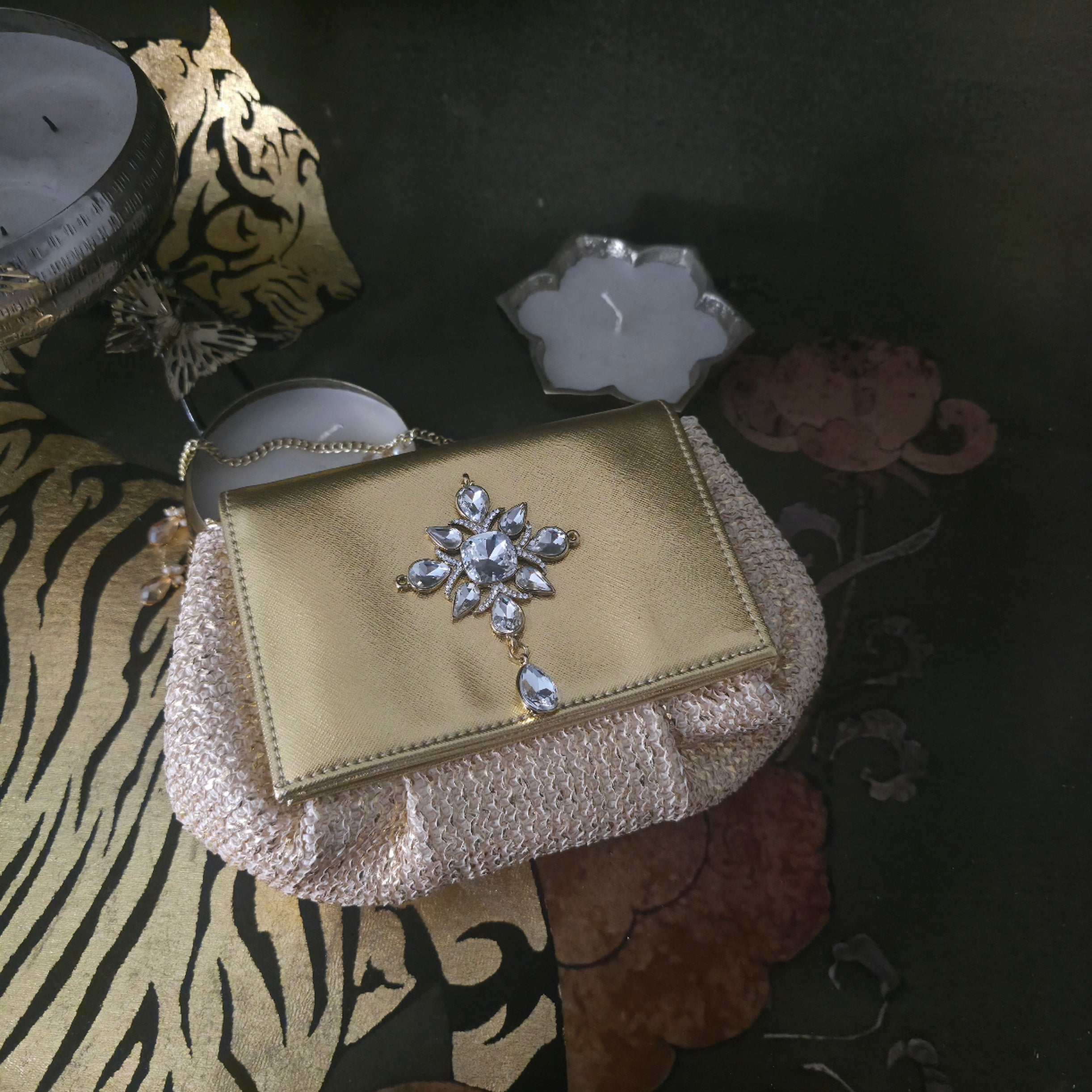 Batua Bag In Beige & Gold With Crystal Hanging Broach
