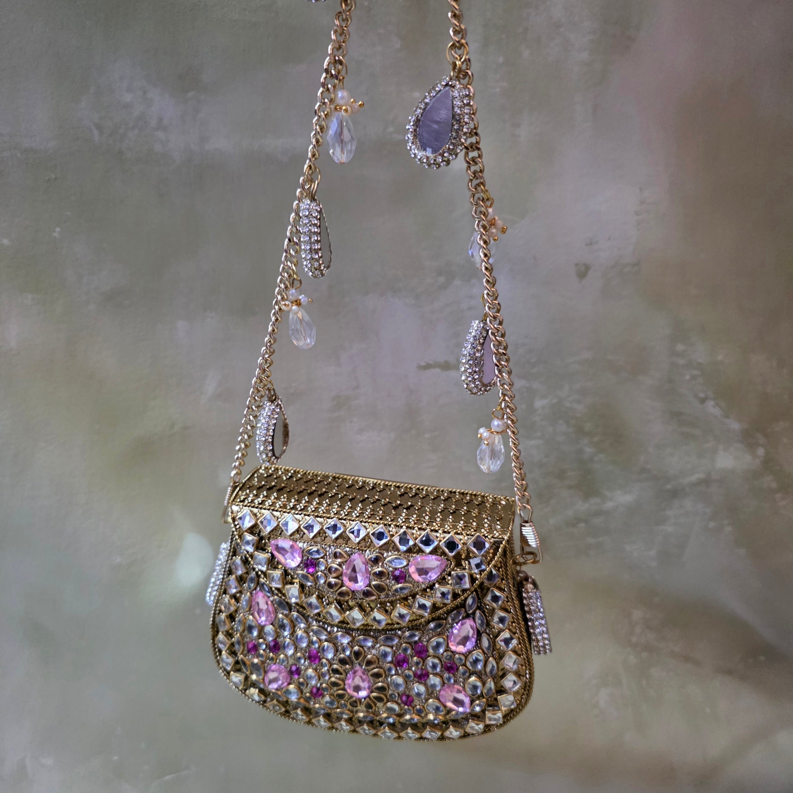 Mini Kundan Crystal Bag In Hints Of Pink