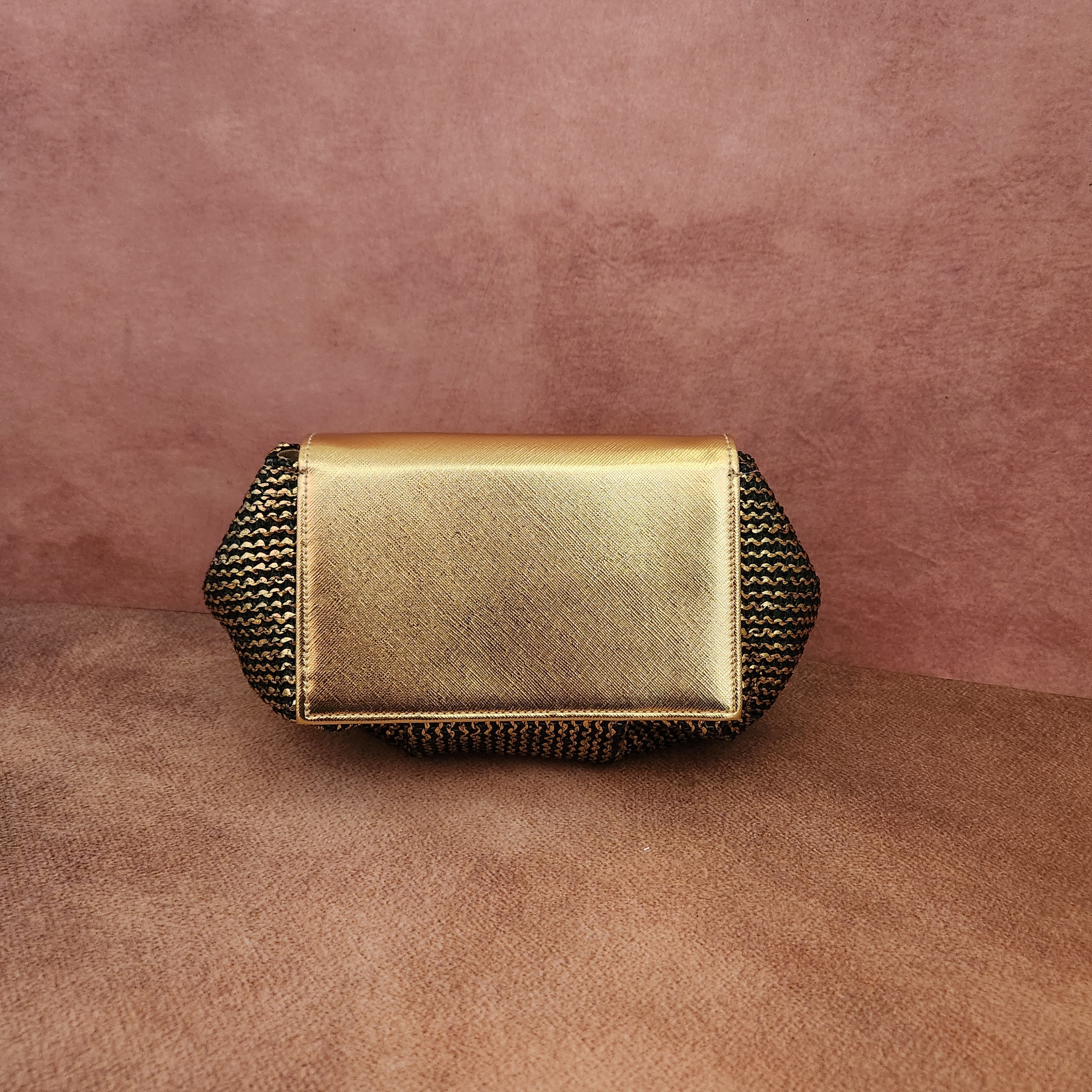 Batua Bag In Black & Gold With Crystal Hanging Broach