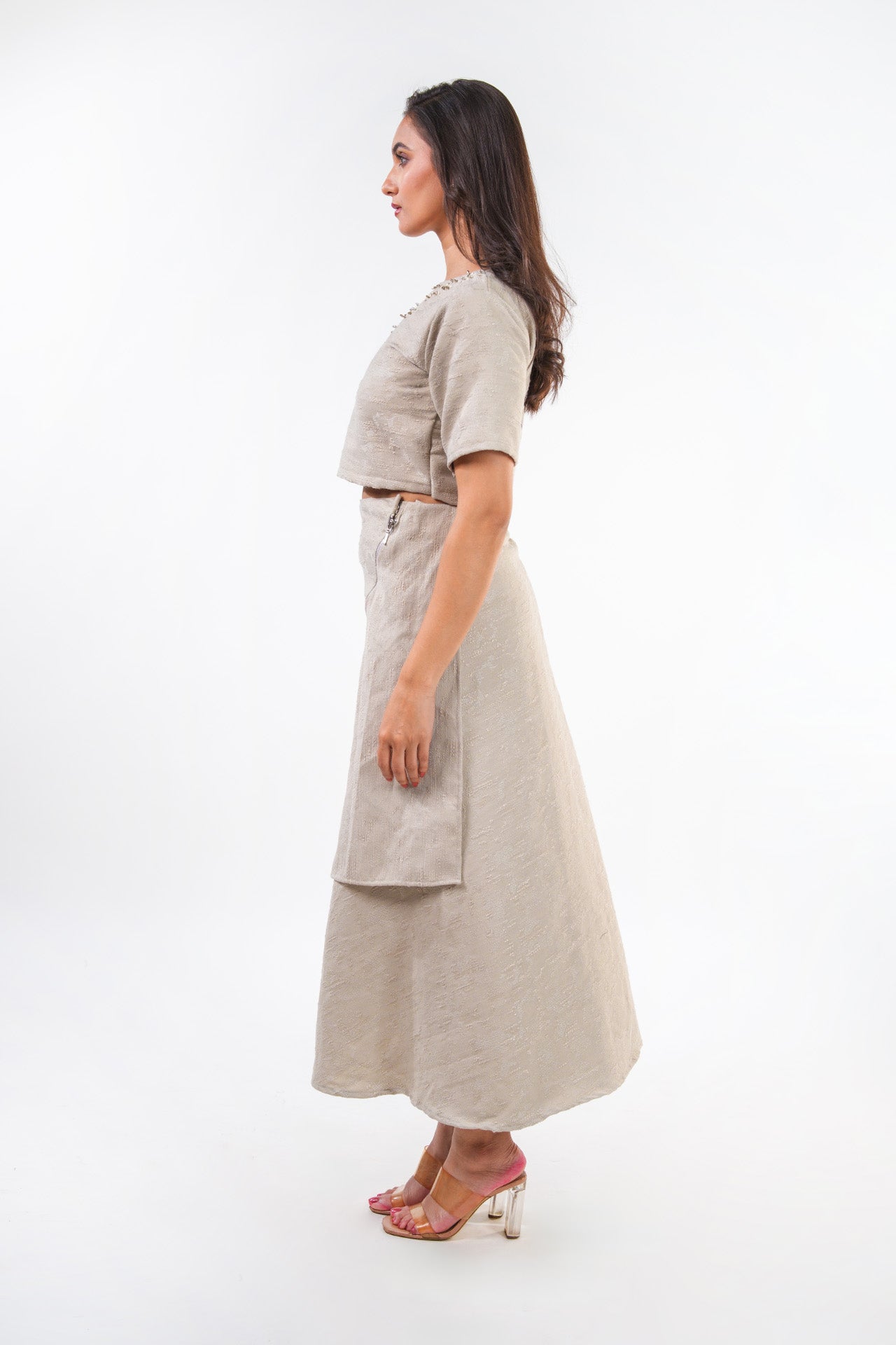 Beaded Beige Jacquard Set