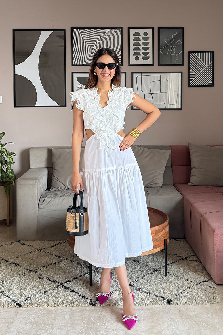 Sneha Adwani in Lacey Love Midi Dress
