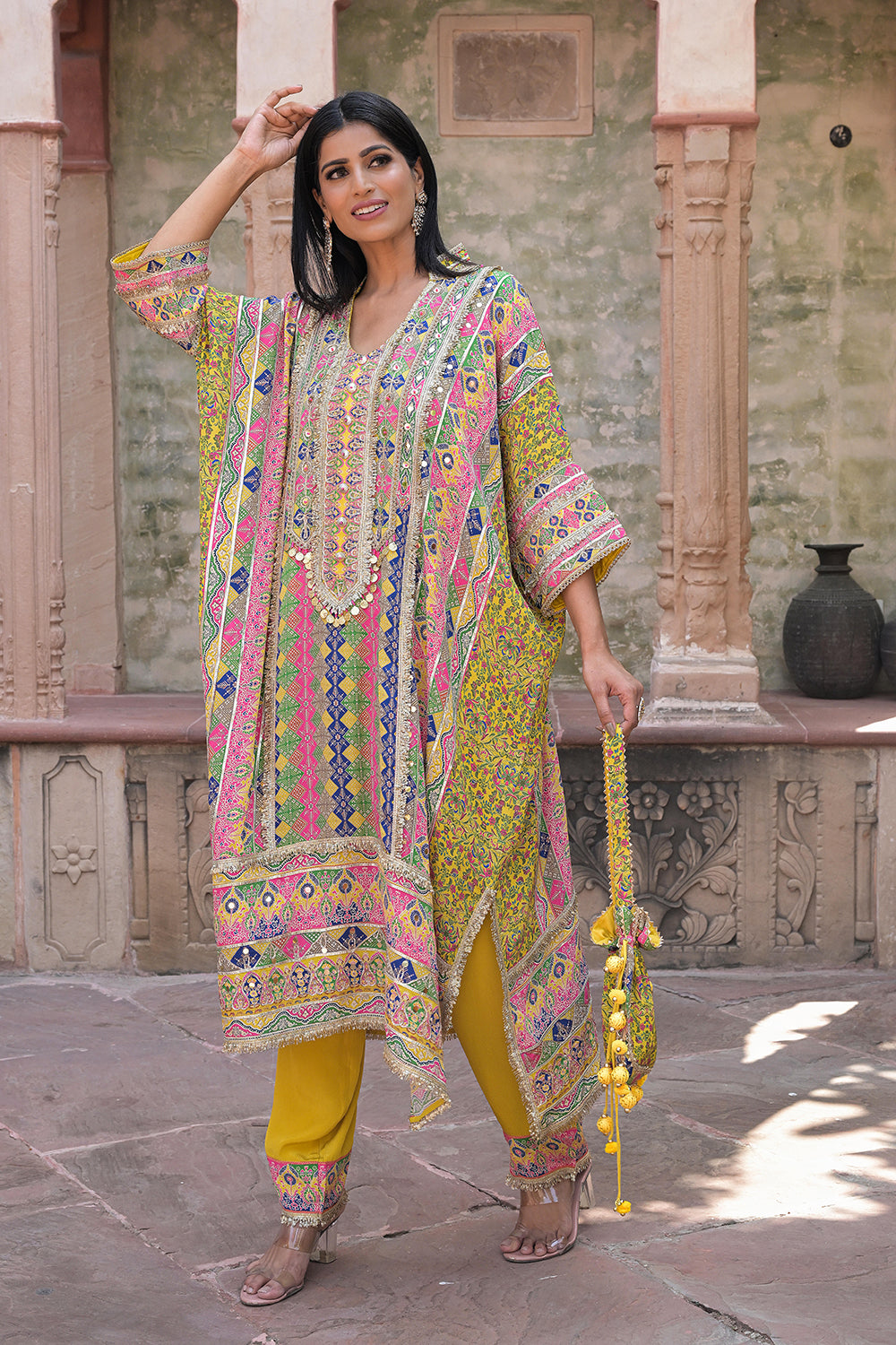 Yellow Crepe Kaftan Pant Set