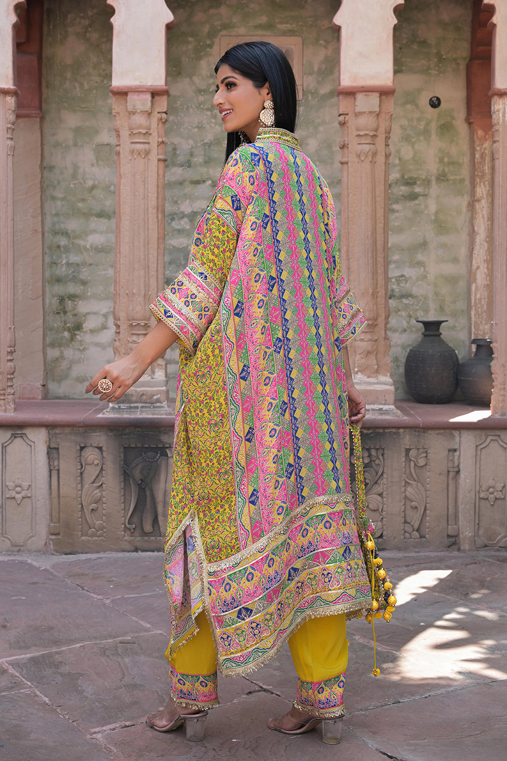 Yellow Crepe Kaftan Pant Set