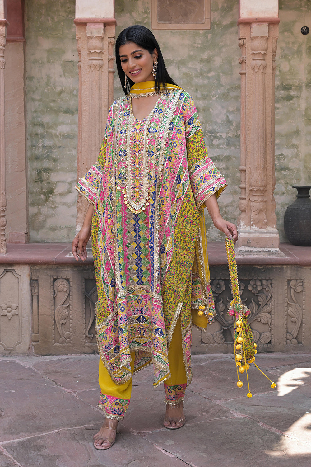 Yellow Crepe Kaftan Pant Set