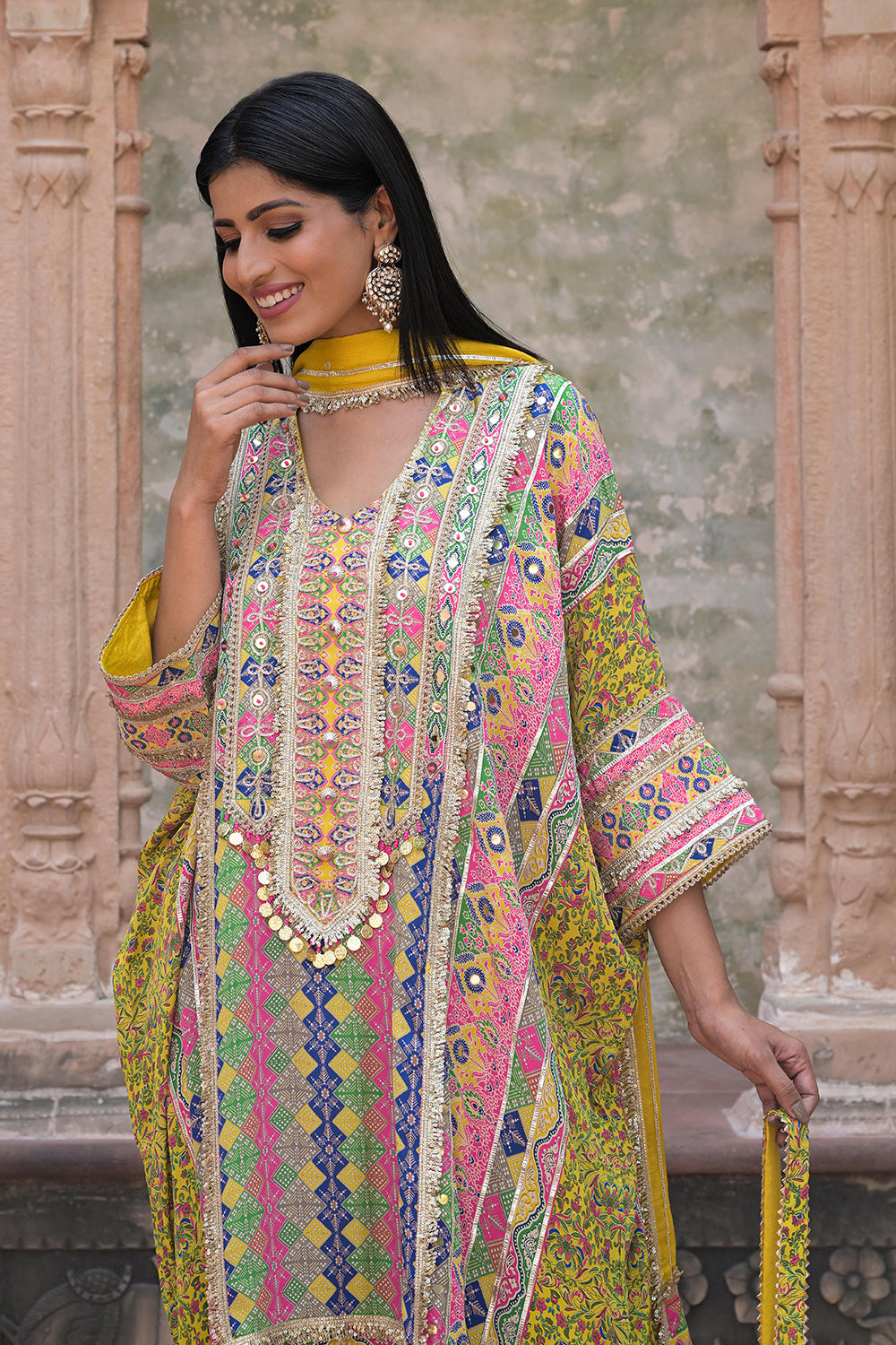Yellow Crepe Kaftan Pant Set