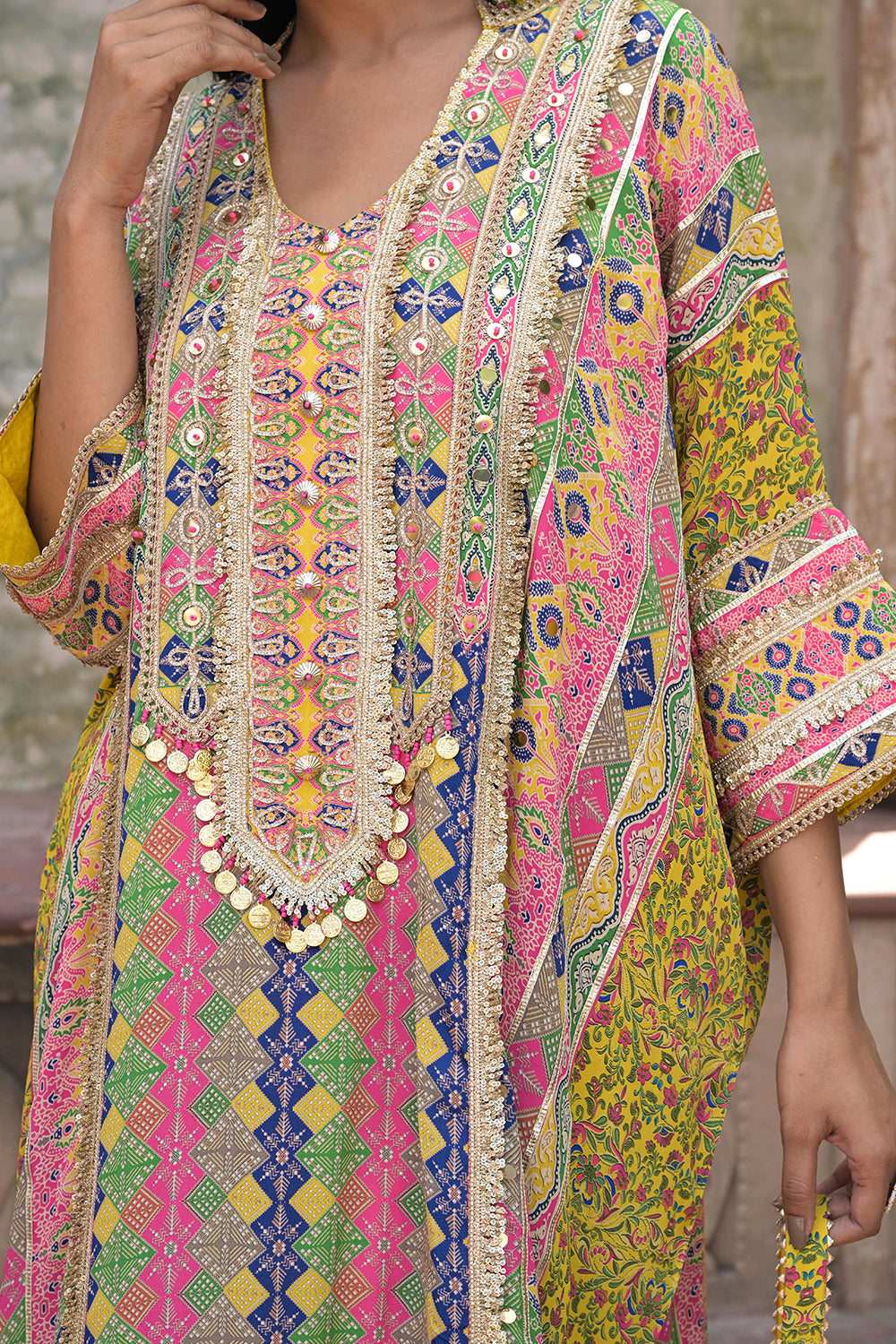 Yellow Crepe Kaftan Pant Set